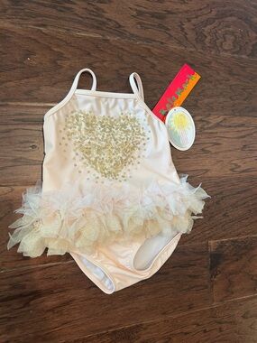 Kate Mack Glitter Heart Tutu One-Piece Light Pink Swimsuit UPF 50+